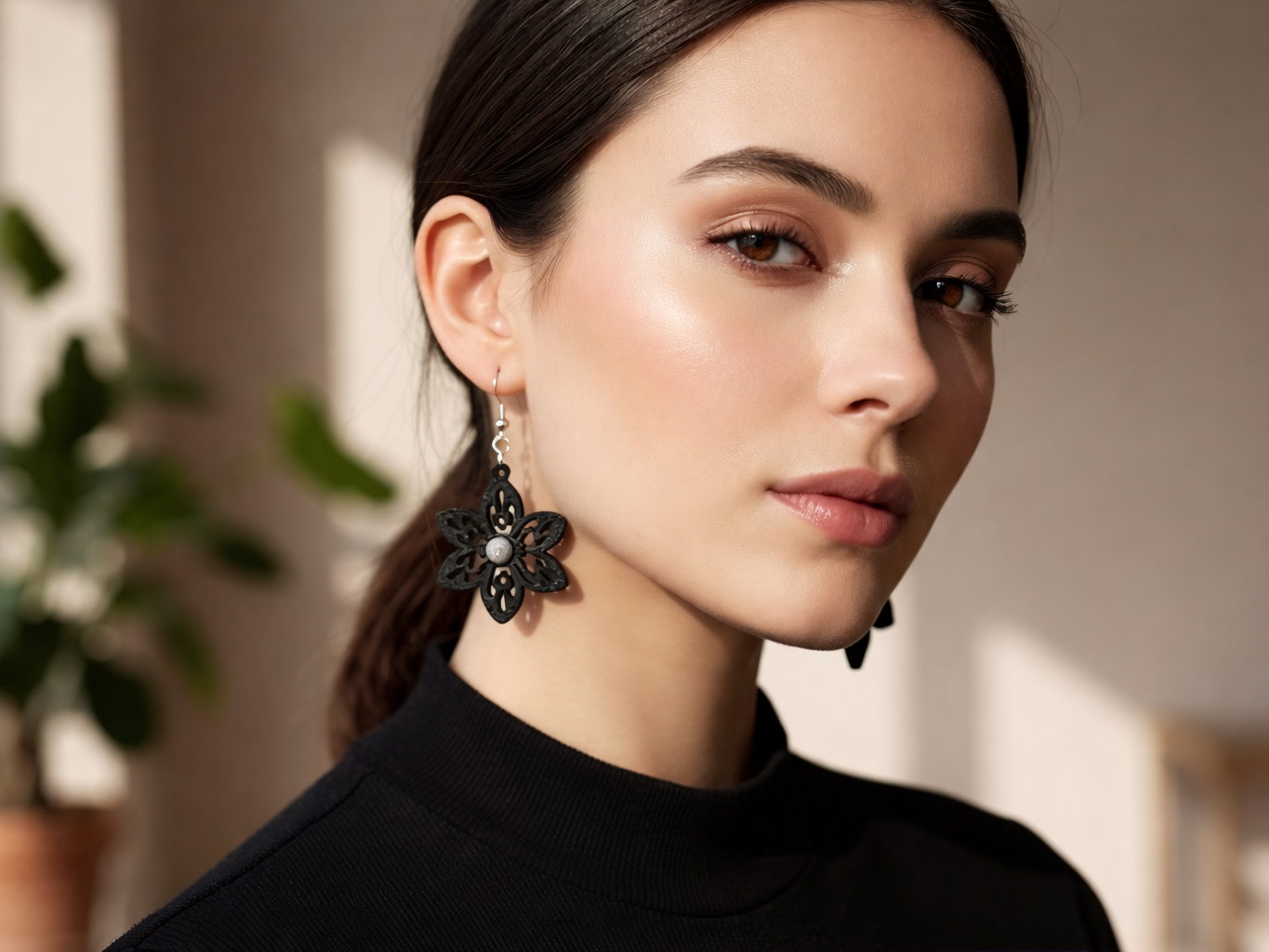 Elegant Black Filigree Flower Earrings