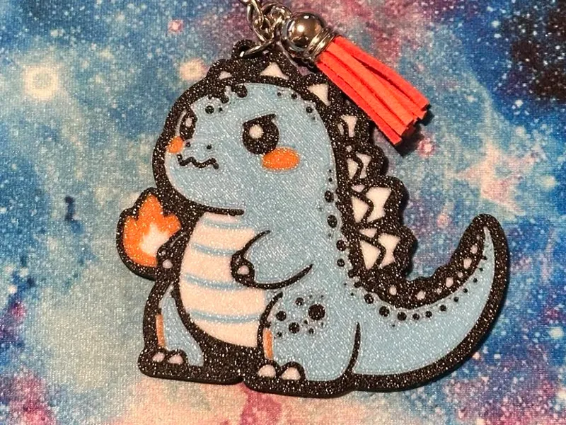 Cute Angry Godzilla with fire flame keychain