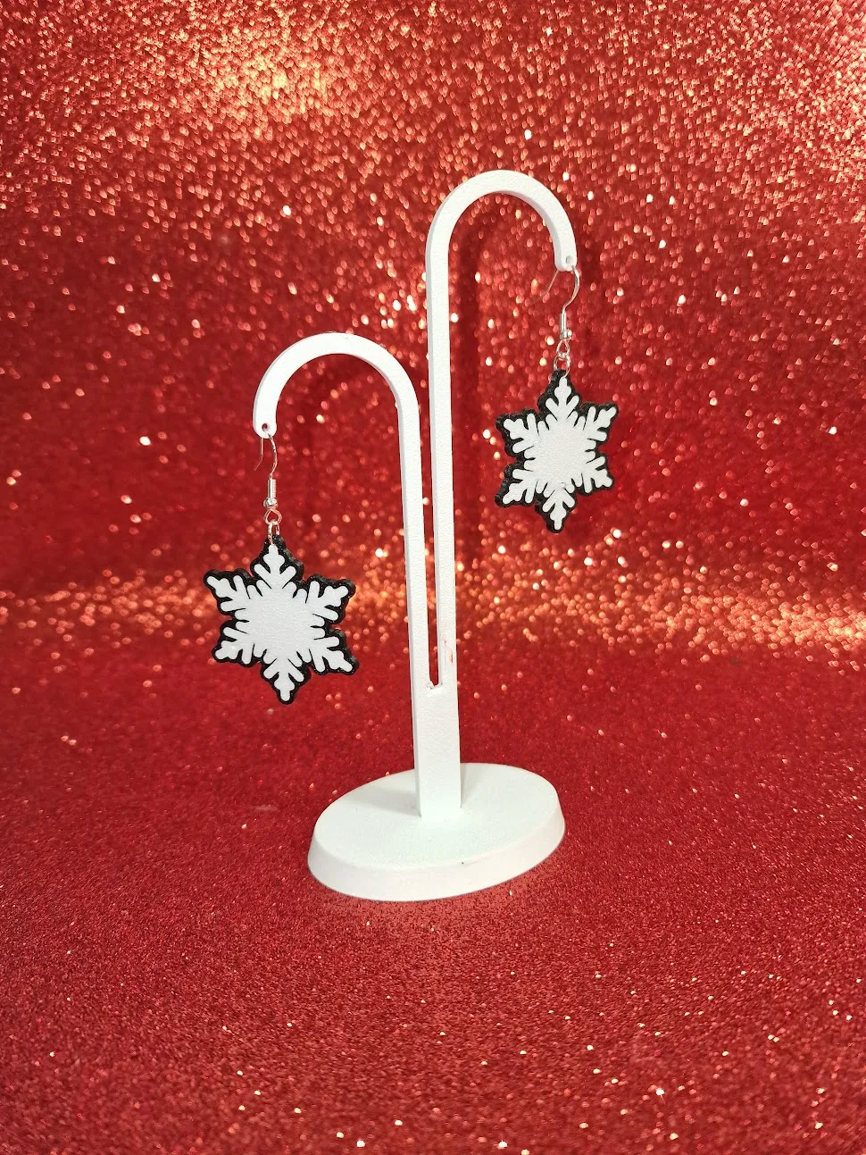 Black and white snowflake earrings view 3