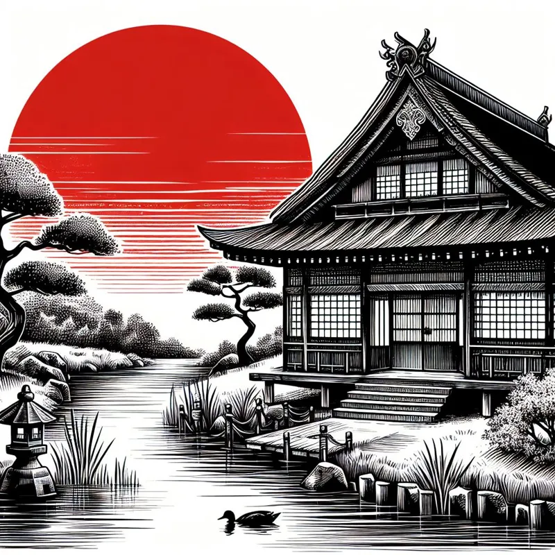 Hueforge Japanese house with red sun Front_200x200