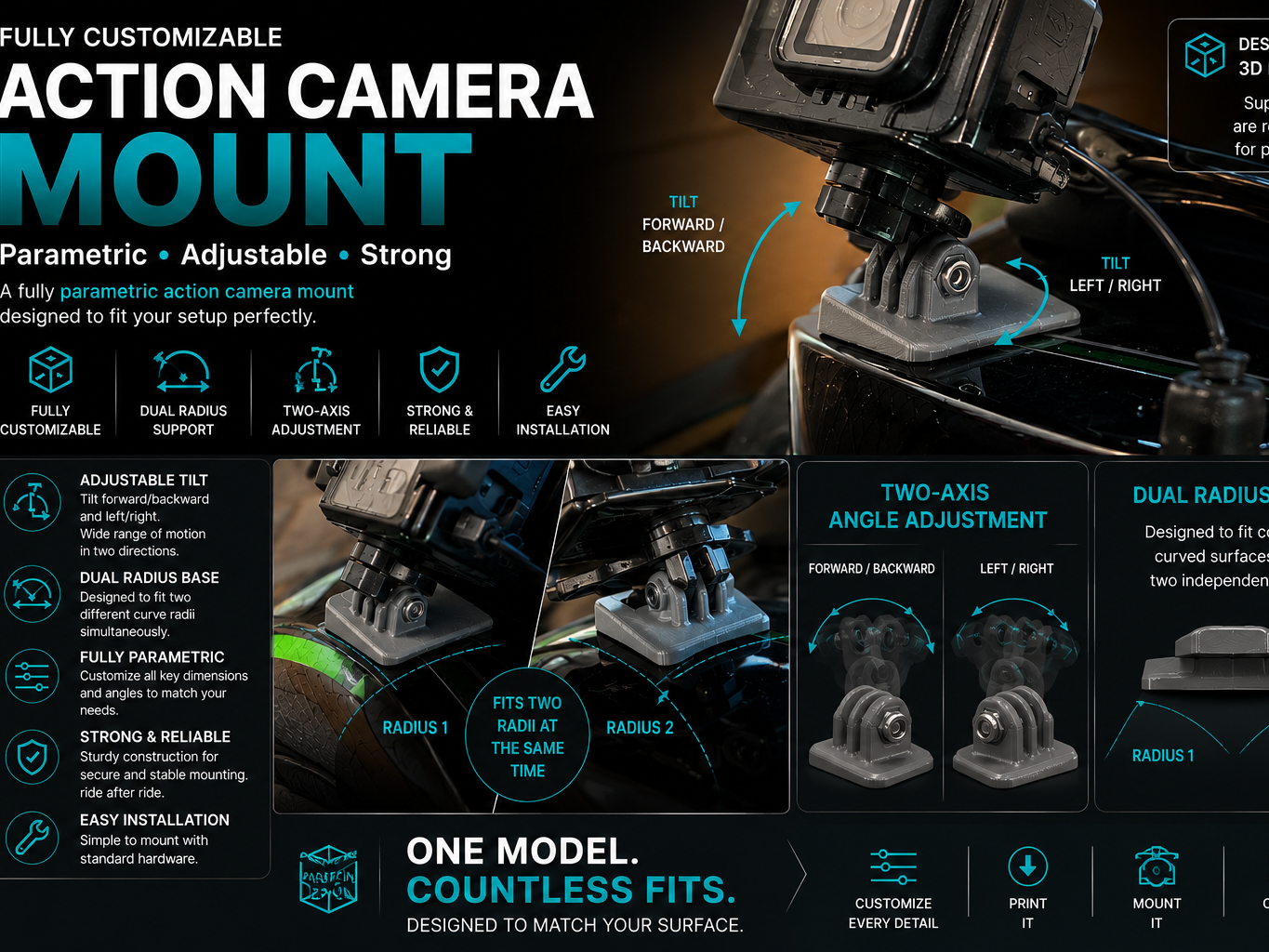 Customizable action camera mount bracket generator