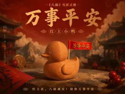 Eight Immortals Red Earth Duck | Red Earth Duckling | With Red Earth and the Eight Immortals, all will be safe and sound | multi-color on one plate