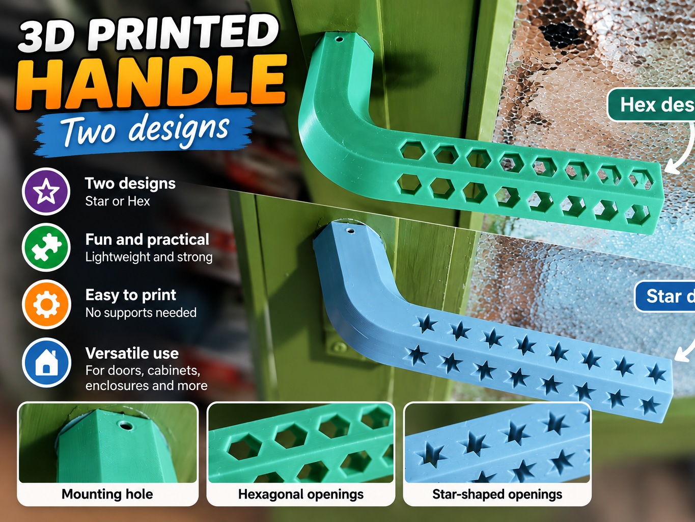 3D Printed Door Handle with Bearing – Star & Hex 3D model