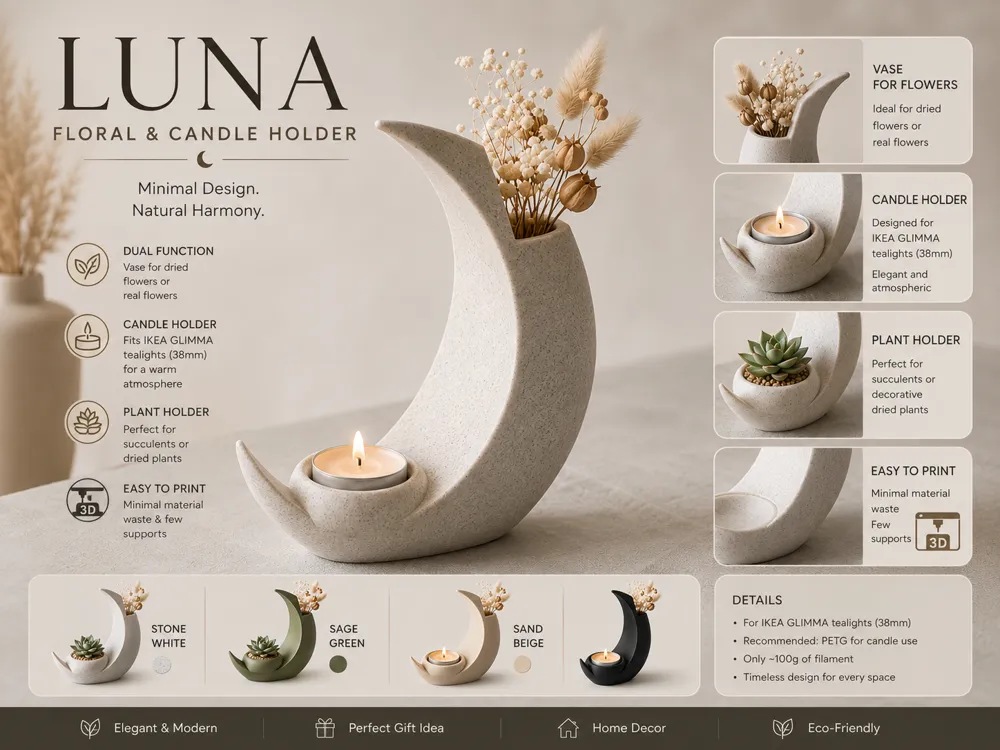 Jarrón decorativo: LUNA – 3D Moon Vase & Candle Holder. Referencia del modelo original.