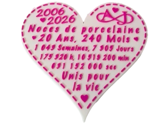 Cœur anniversaire de mariage 20 ans bicolore perso