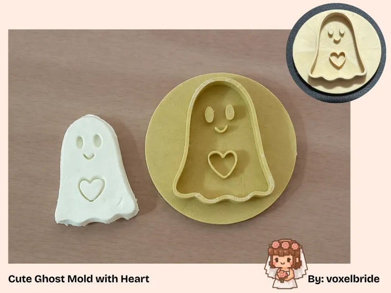 Cute Ghost w/ Heart Cookie Cutter, Clay Mold Stamp