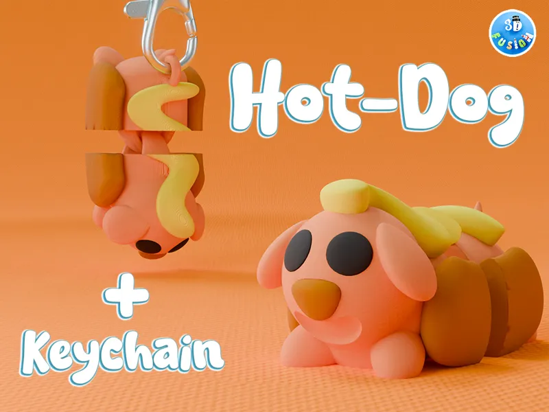 Cute Flexi Hot Dog-Print in Place Fidget +Keychain