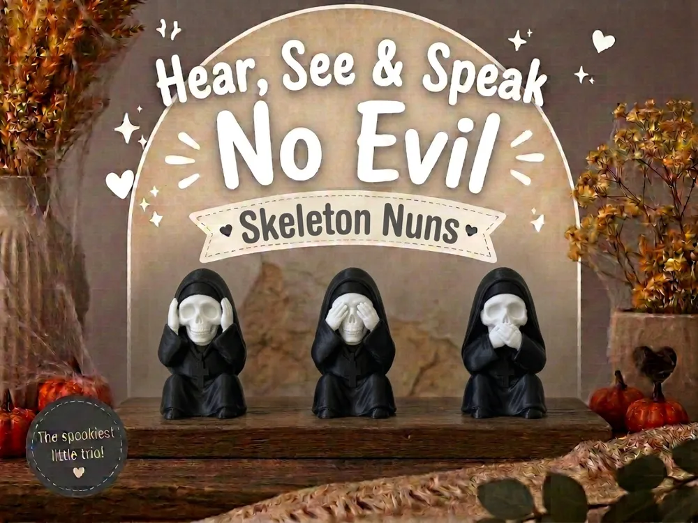 Adorno temático: Hear, See & Speak No Evil Skeleton Nuns. Referencia del modelo original.