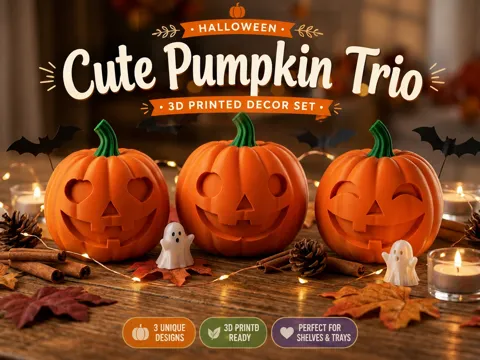 Adorno temático: Cute Halloween Pumpkin Trio – 3 Designs — referencia de MakerWorld