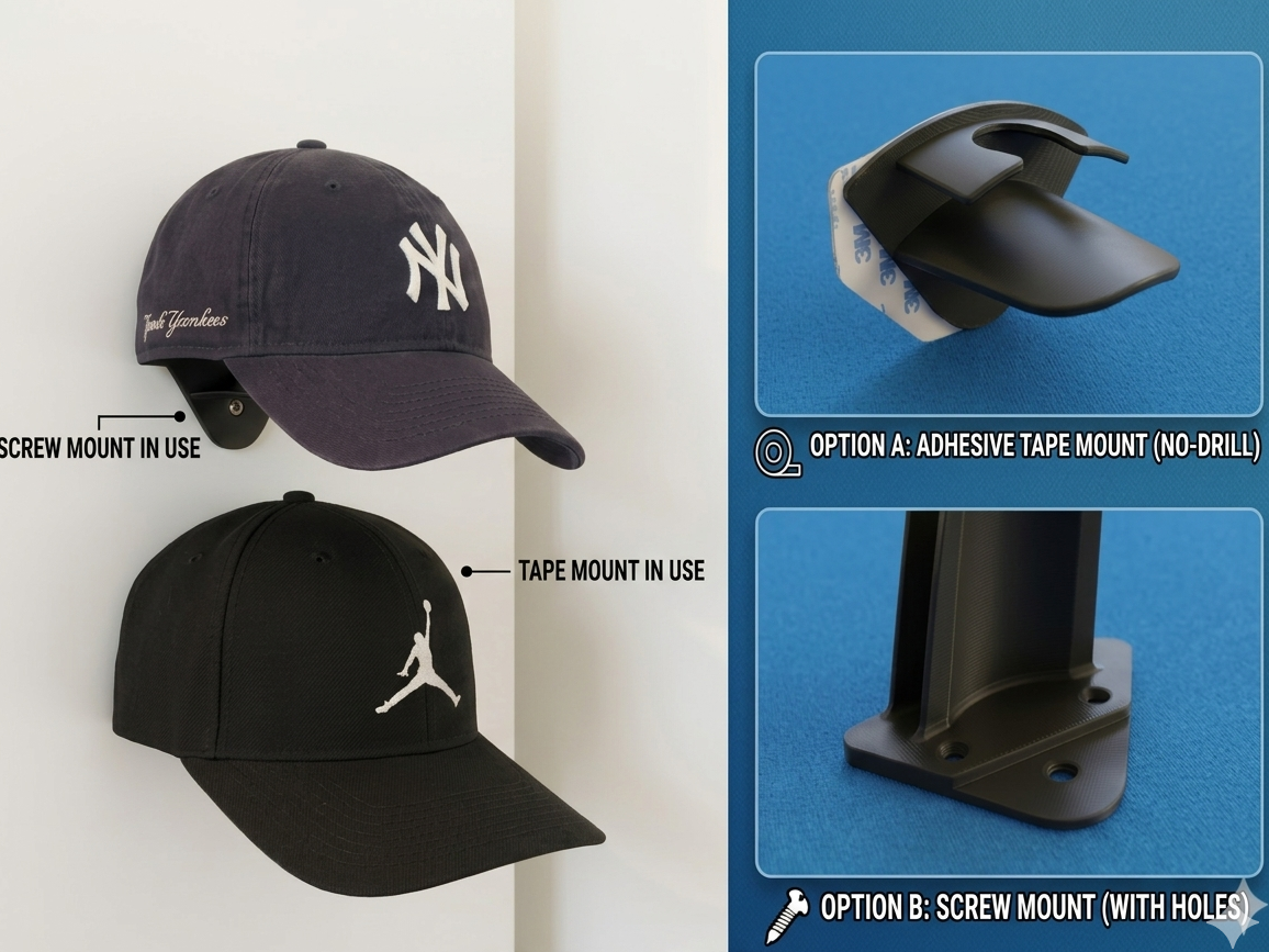 Wall Hat Holder – Tape or Screw Mount