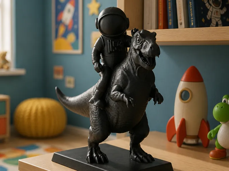 Astronaut on a Dinosaur Surreal Funny Sculpture