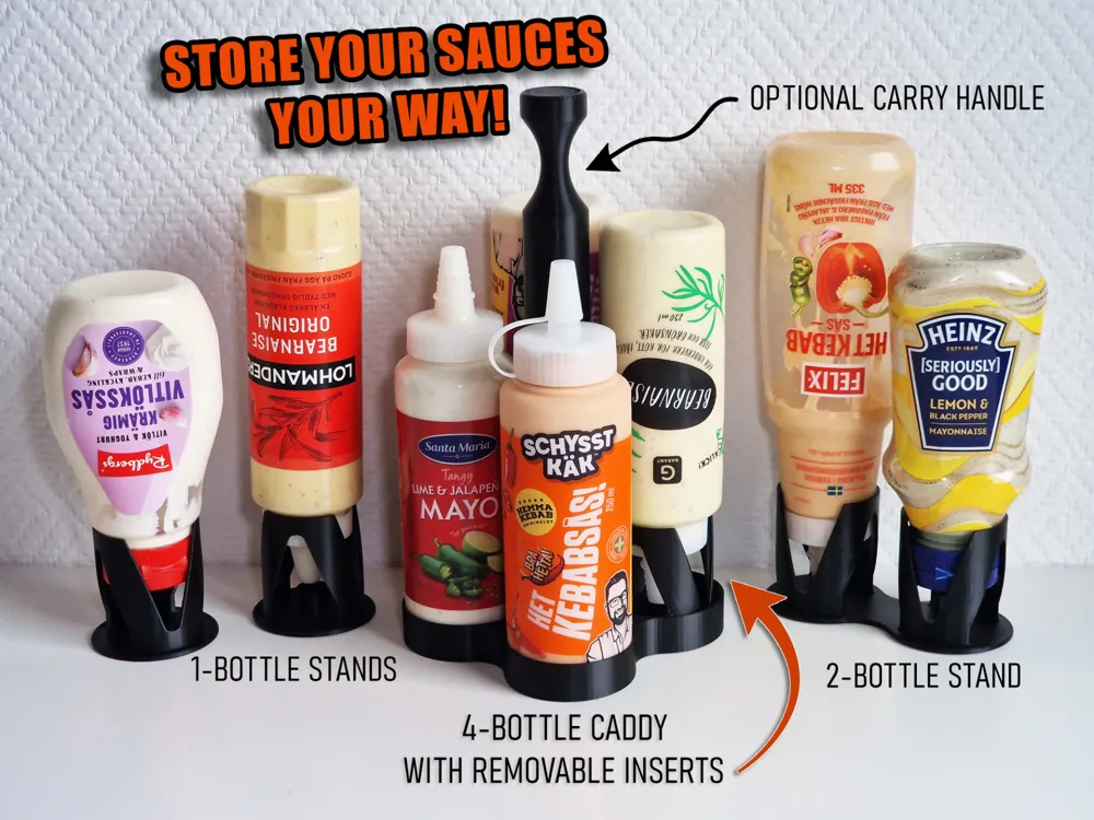 Soporte: Sauce Bottle Stands – Store, Flip & Carry. Referencia del modelo original.