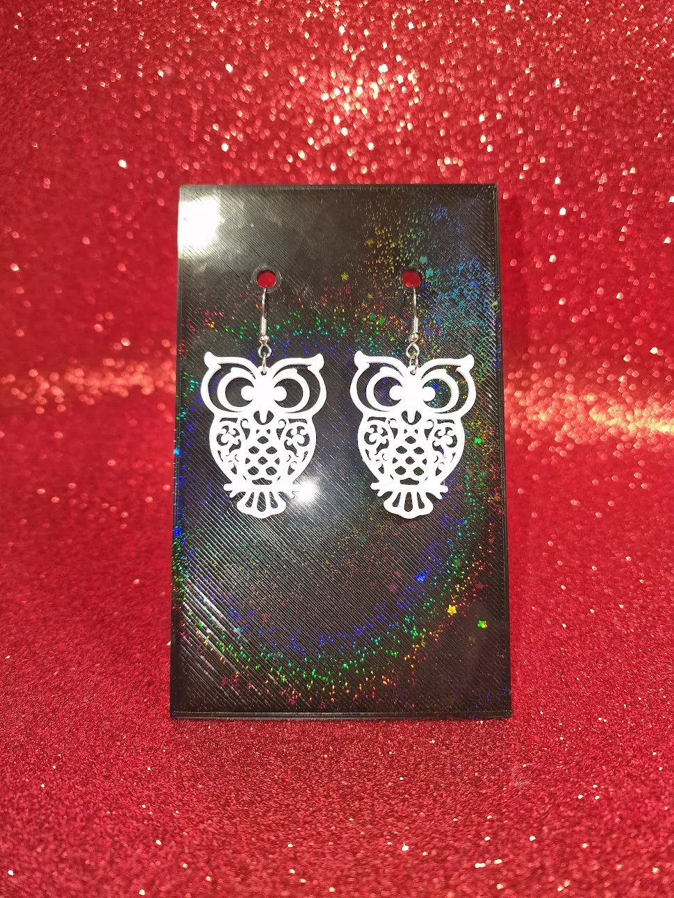 White owl earrings view 2