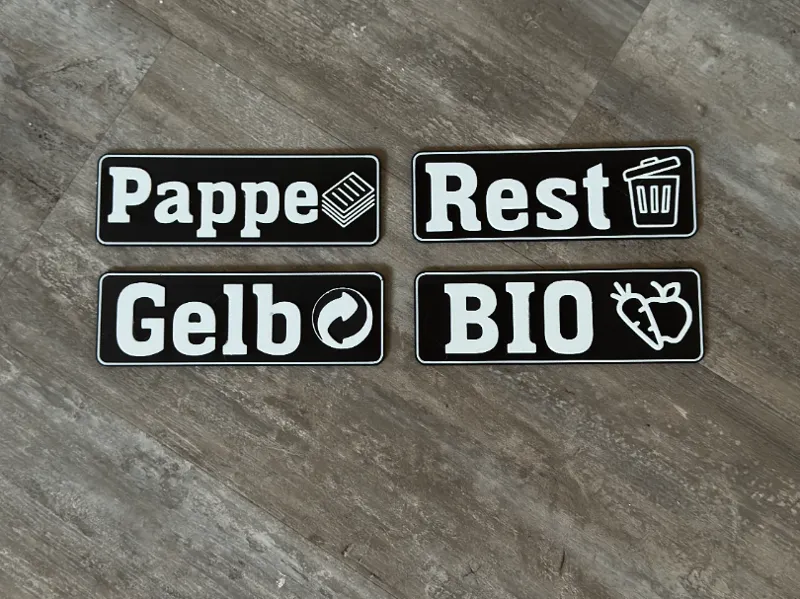 Mülltrennungs-Schilder – Pappe, Rest, Gelb, Bio