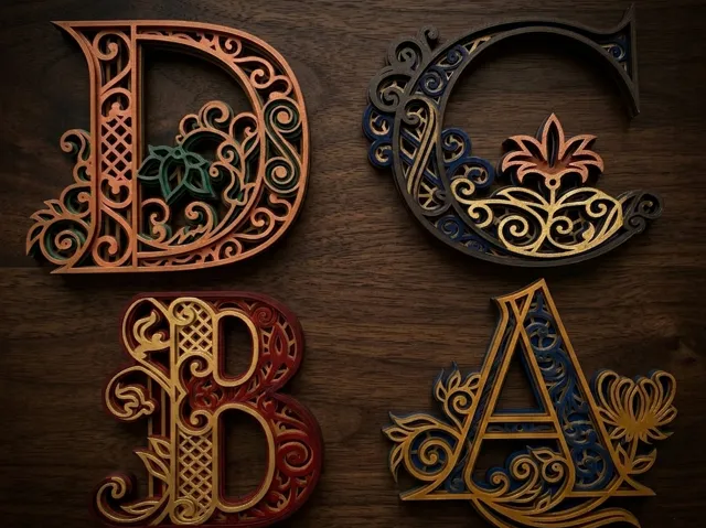 Ornamental Letters A,B,C,D – Multi-Layered Design