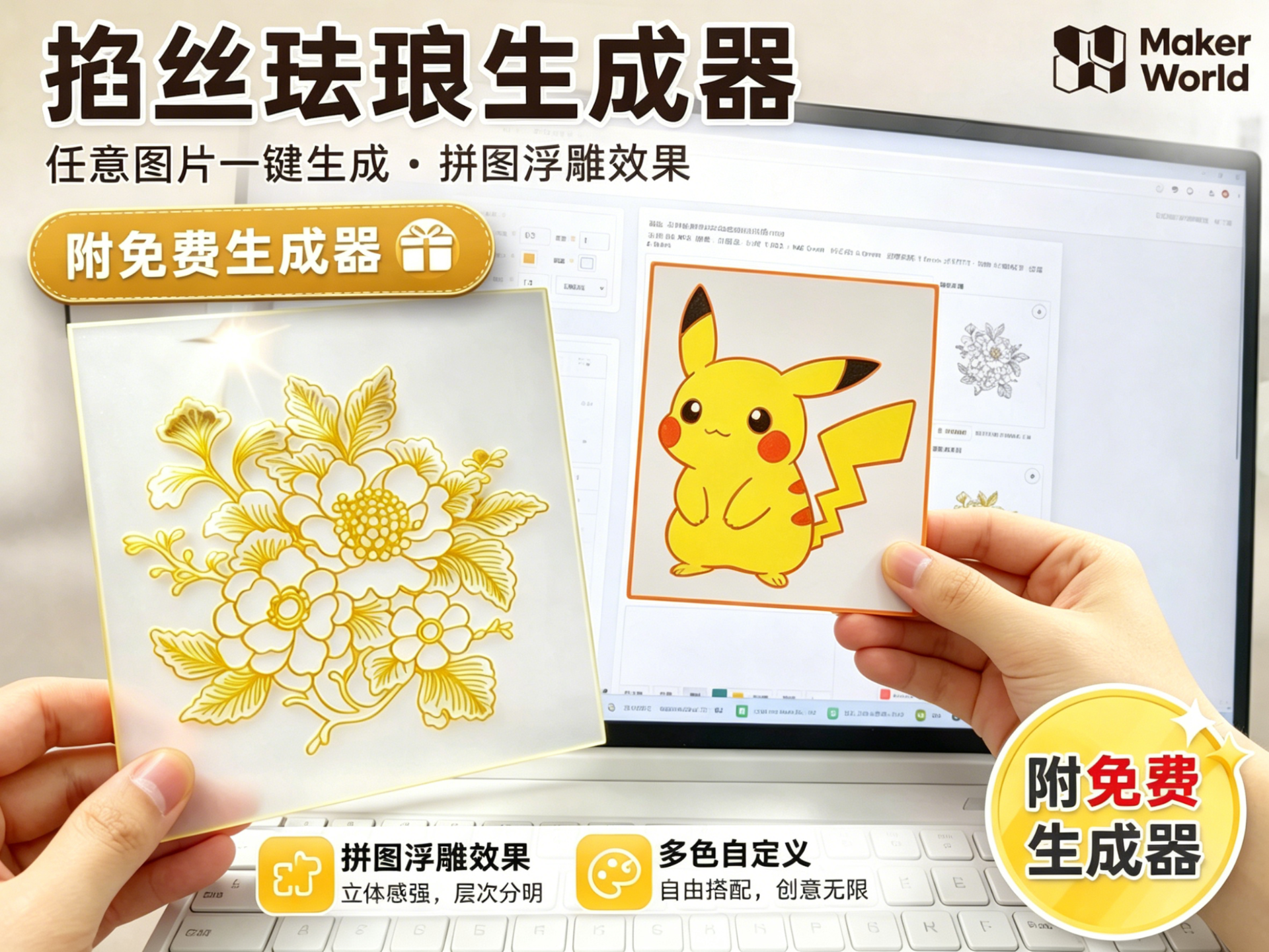 【附免费生成器】分盘分色 掐丝珐琅 花 皮卡丘 拼图浮雕 一张图生成一个模型