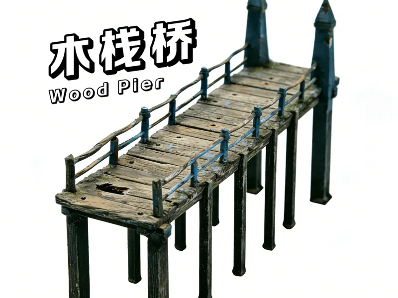 1:64 旧木栈桥微缩模型｜复古港口场景核心摆件