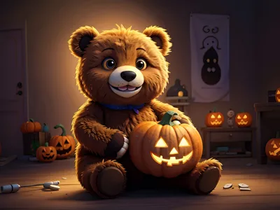 Teddy bear  holds a pumpkin