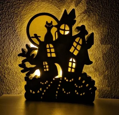 Spooky house with cat and moon for Halloween LED