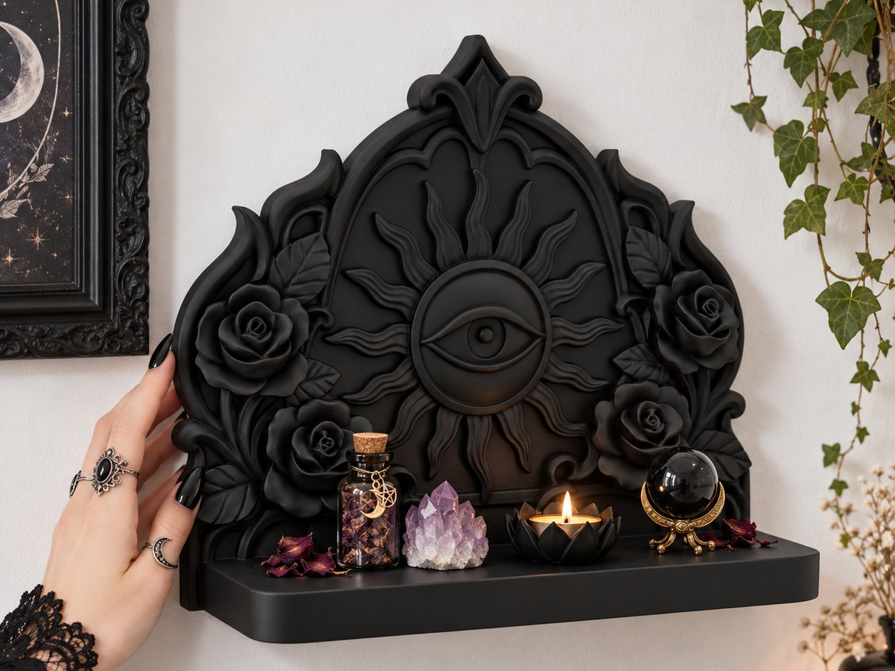 Goth All-Seeing Eye Roses Witchy Altar Wall Shelf - 1