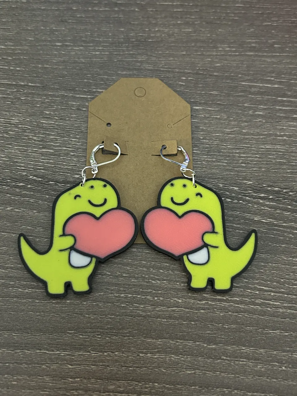 Cute Dino Heart Earrings – Multicolor 3D Print view 2