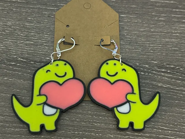 Cute Dino Heart Earrings – Multicolor 3D Print
