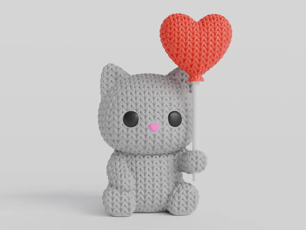 3Dプリント ハートバルーンを持った編み猫 - バレンタインデー - 無料