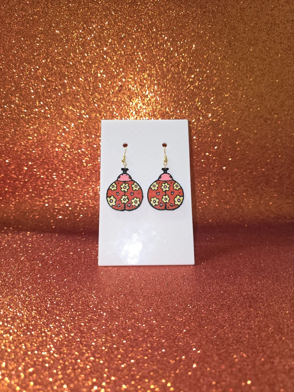 Ladybug flower earrings view 2