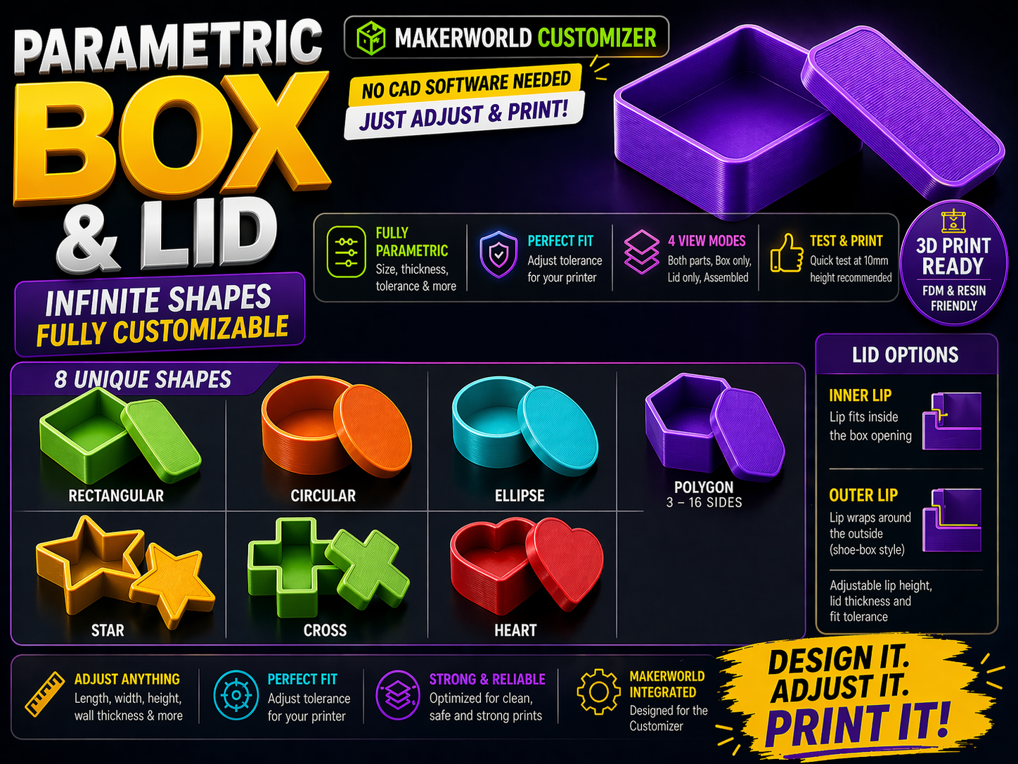 Parametric Box & Lid | 9 Shapes | OpenSCAD