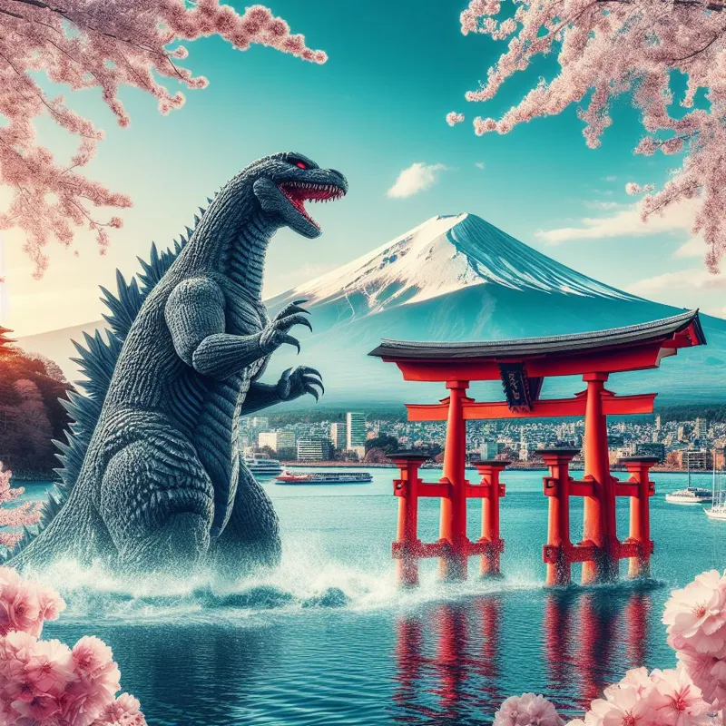 Godzilla against background Mount Fuji in Japan