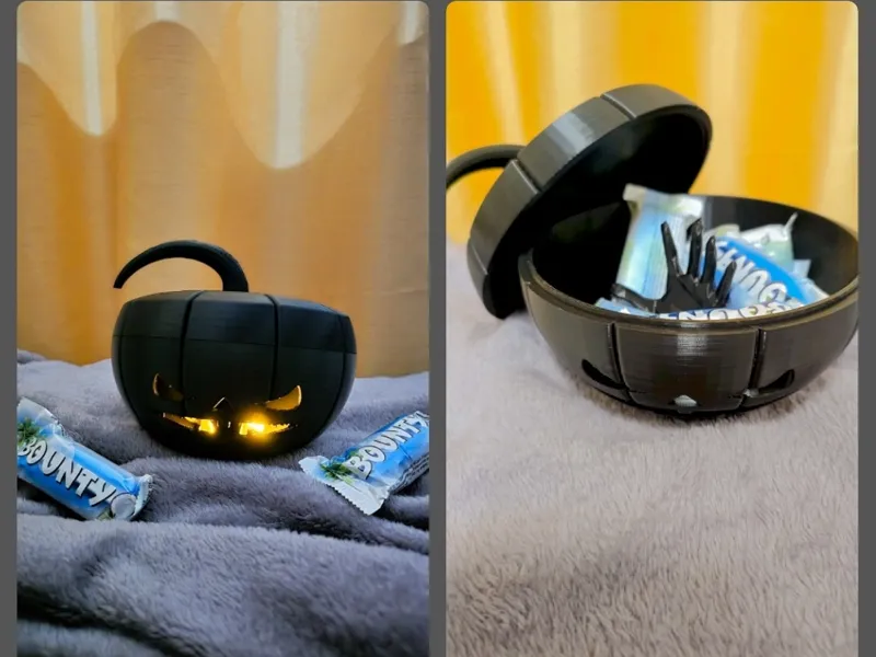 Halloween pumpkin candy bowl with lid and hand