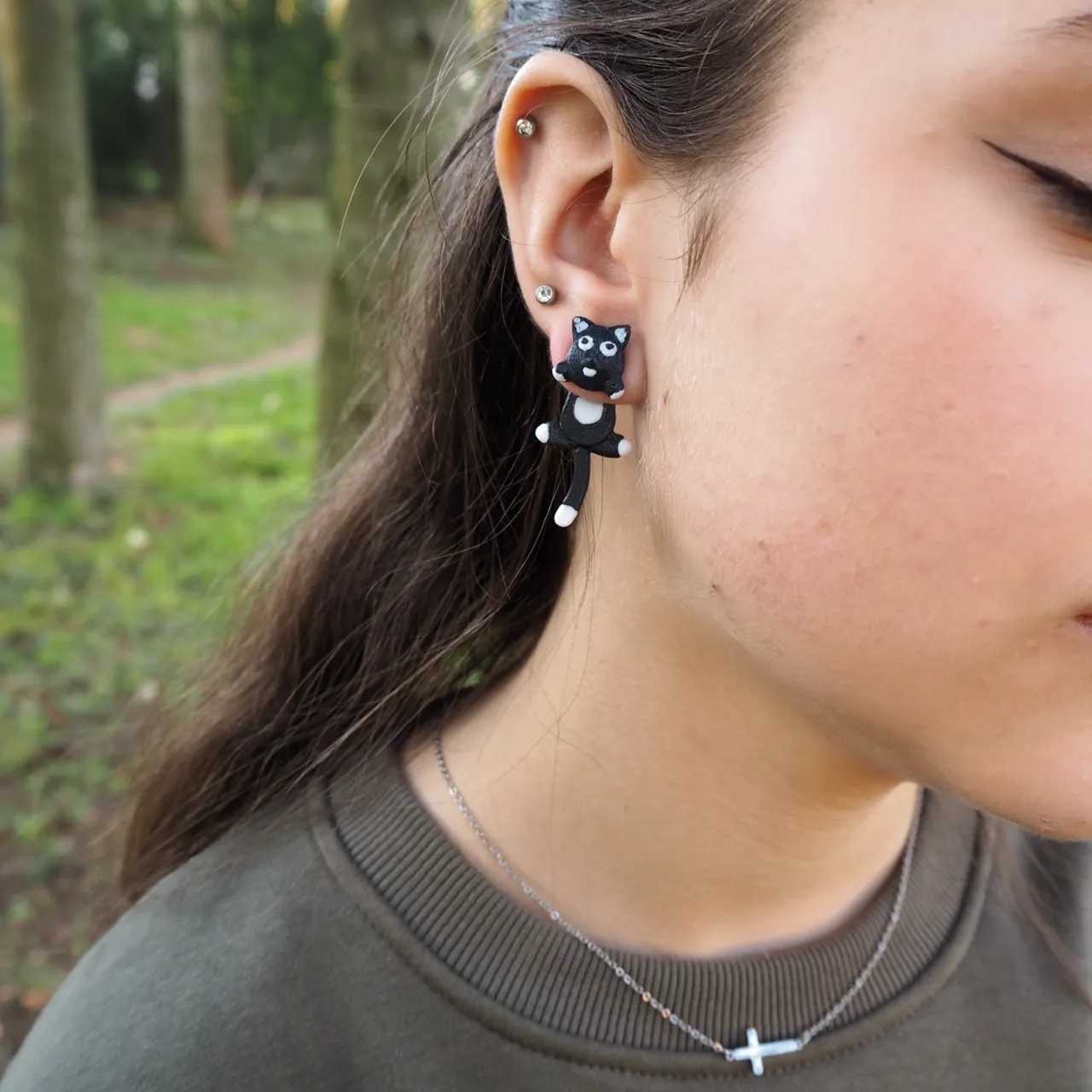 Black and white cat earrings view 3