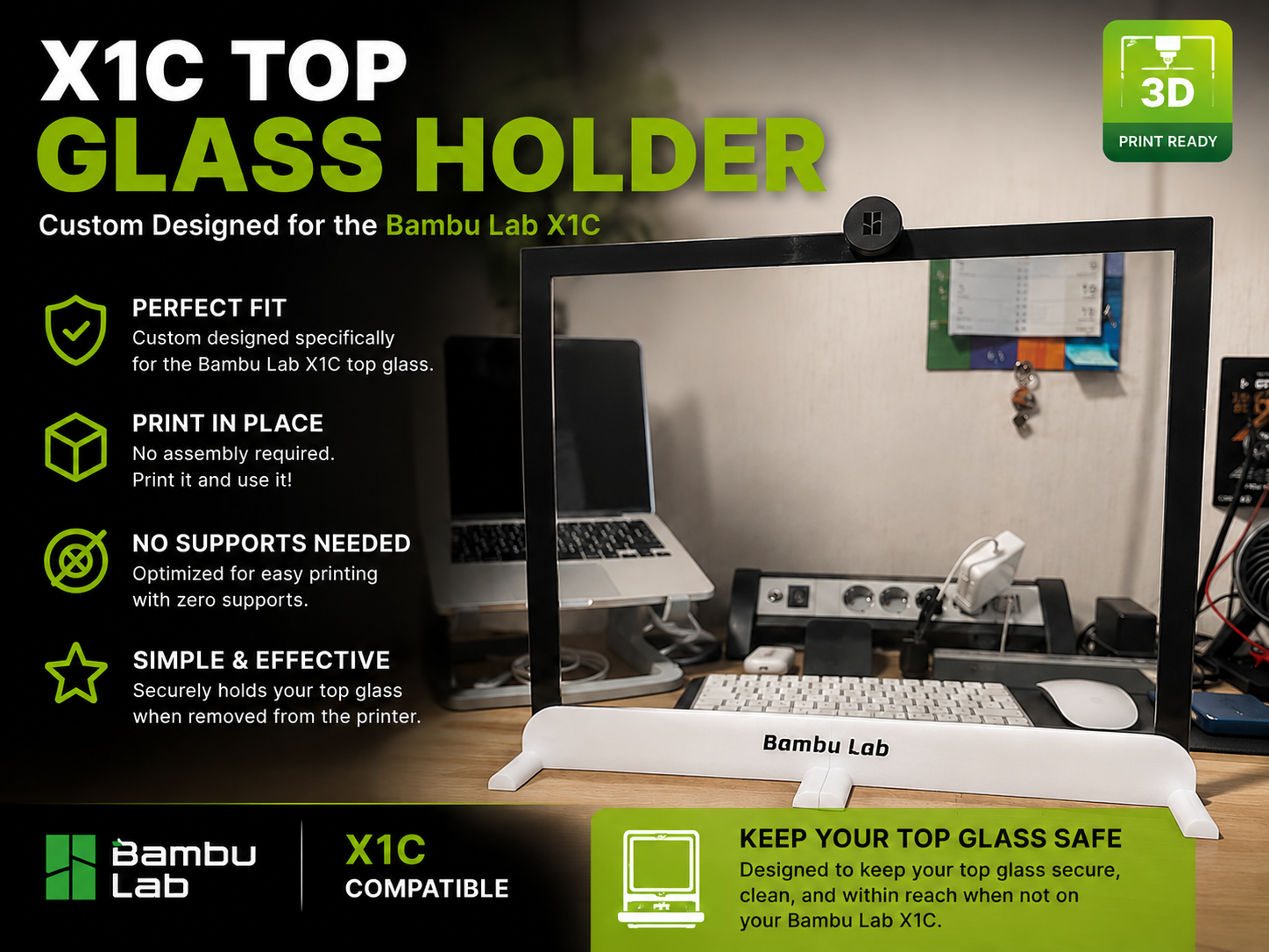 Bambu X1C Top Glass Shelf Holder-Space Saving 3D model