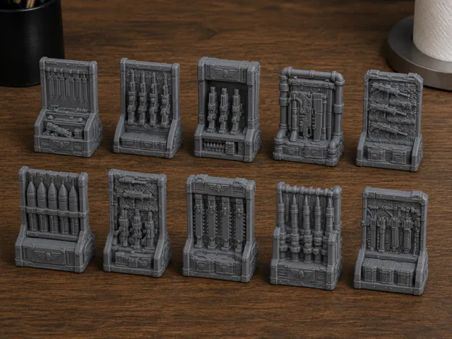 sci fi weapon racks with melee and shooty weapons