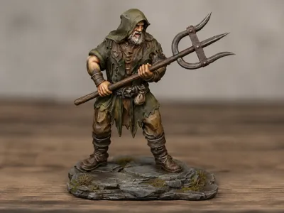 DnD Peasant NPC w Pitchfork on Rock Terrain