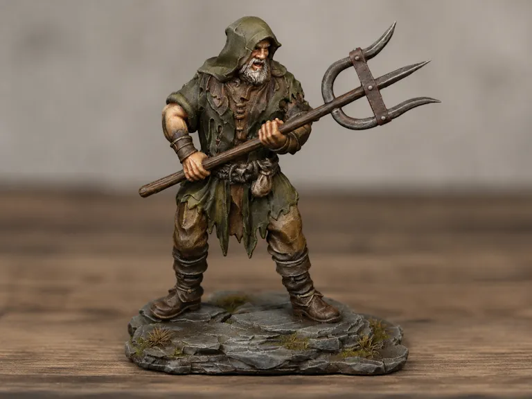 DnD Peasant NPC w Pitchfork on Rock Terrain