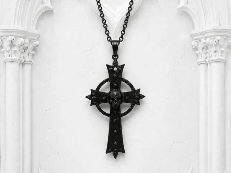Black Gothic Cross Necklace with Skull Fast Print