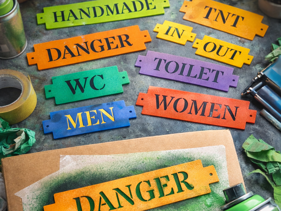 Stencil: "DANGER""TNT""HIGT VOLTAGE""TOILET" ecc
