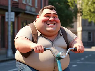 A cheerful fat man on a scooter
