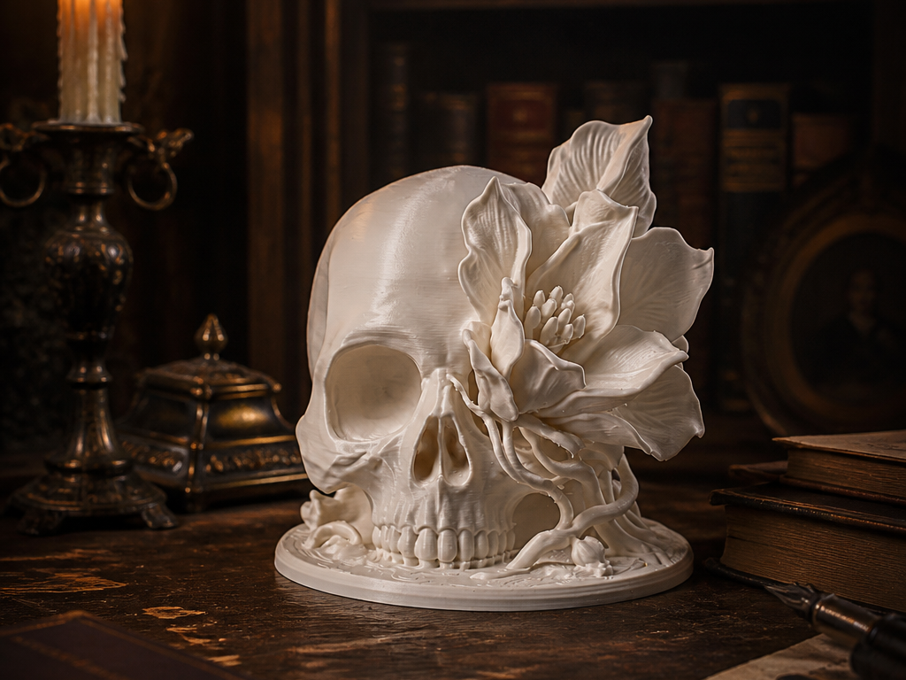 Skull Flower Sculpture - Gothic Floral Statue