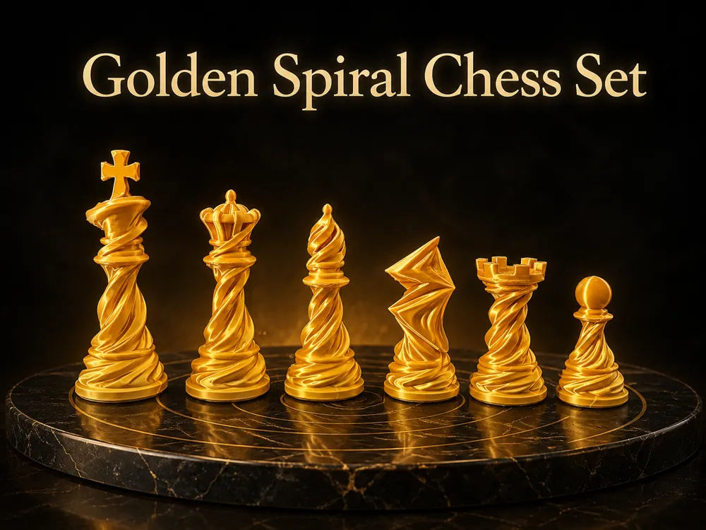 Letrero o emblema decorativo: Golden Spiral Chess Set – Elegant Twisted Chess. Referencia del modelo original.