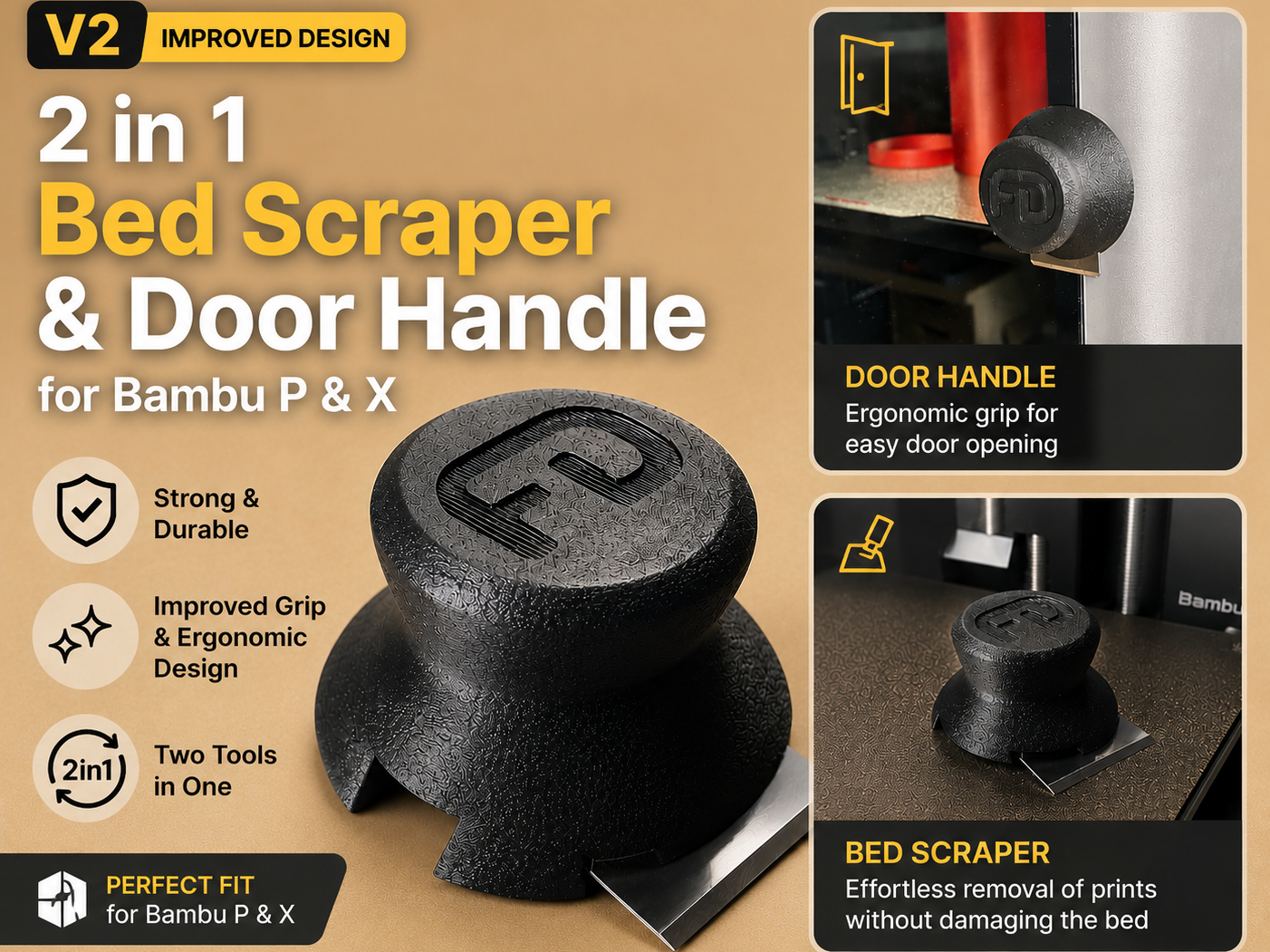 2 in 1 Bed Scraper & Door Handle for Bambu P and X