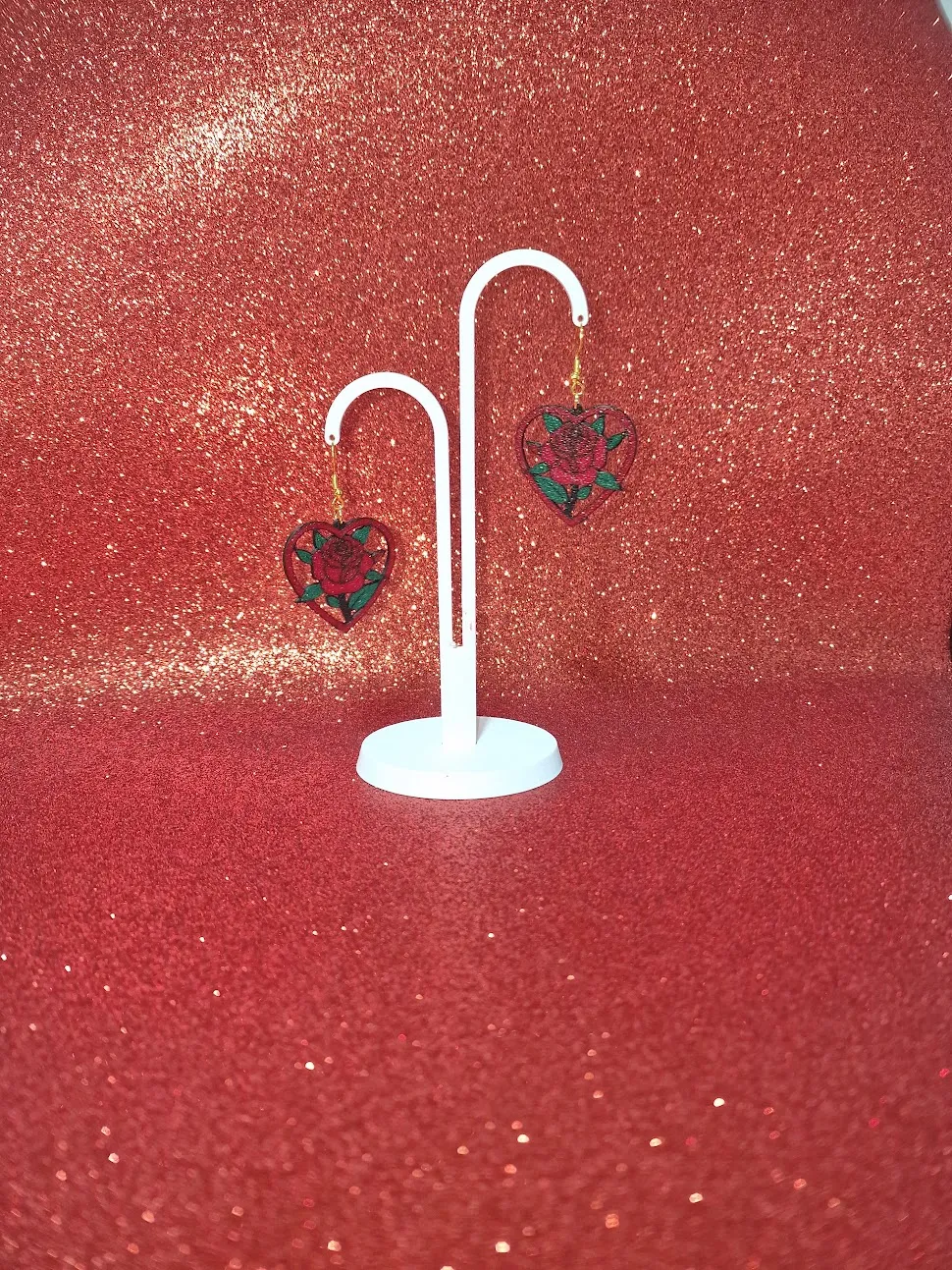 Rose in heart earrings view 3