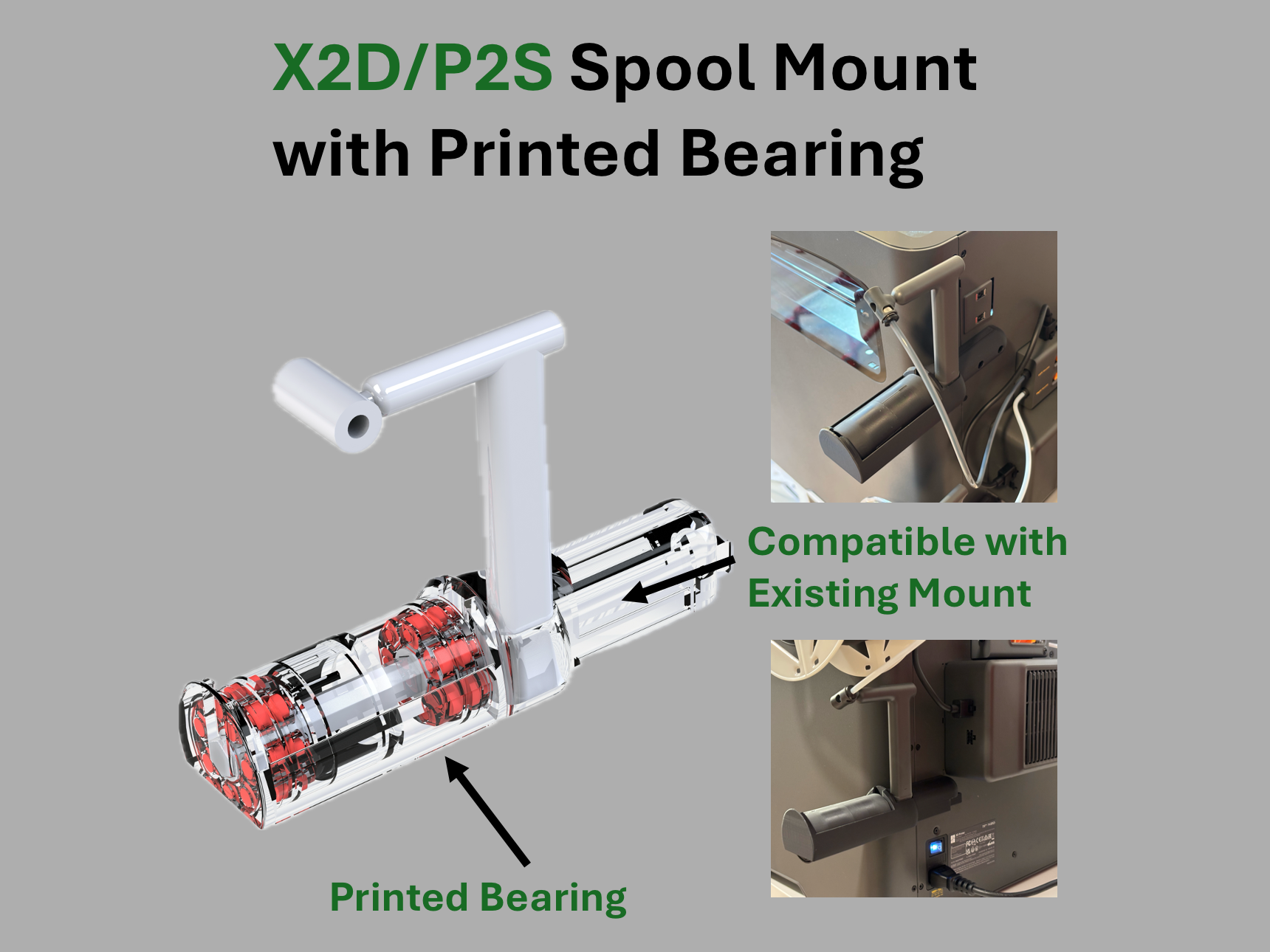 X2D/P2S Spool Holder/Mount with Printed Bearing