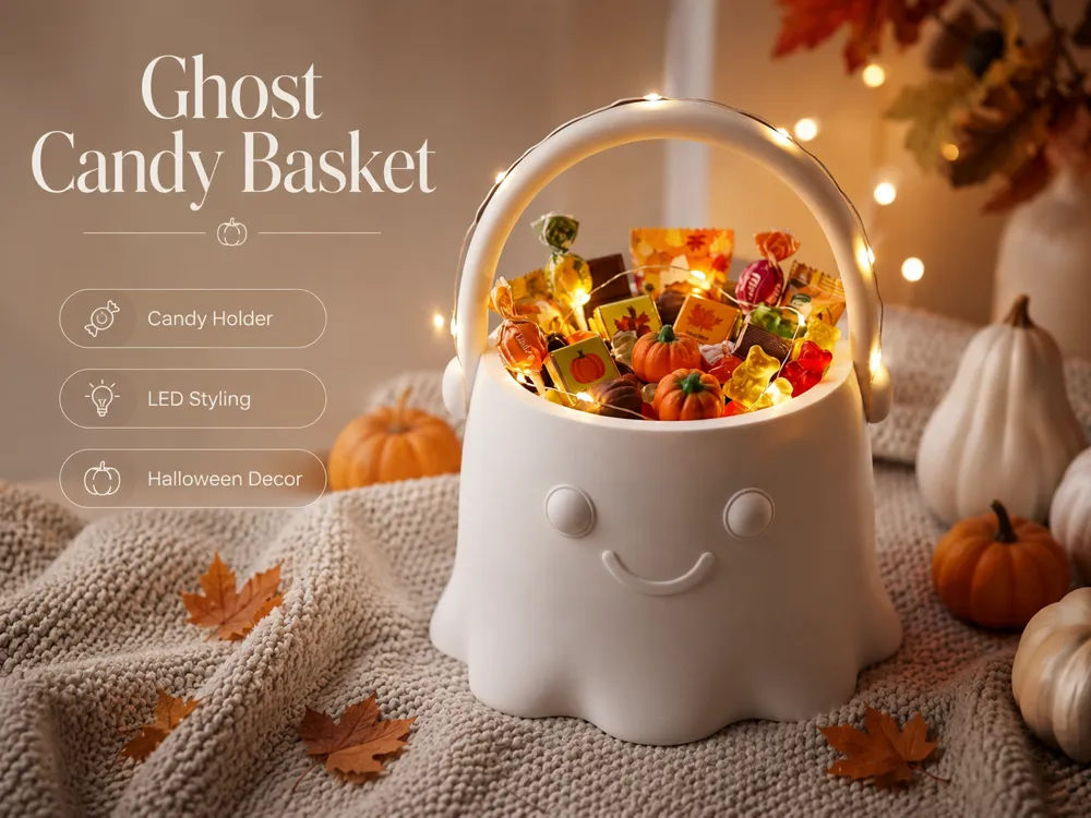 Adorno temático: Ghost Candy Basket – Cute Halloween Treat Holder. Referencia del modelo original.