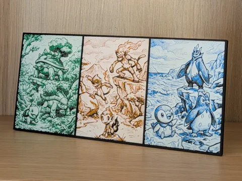 Marco decorativo: Sinnoh Starter Evolutions Pokemon Hueforge & Frame — referencia de MakerWorld