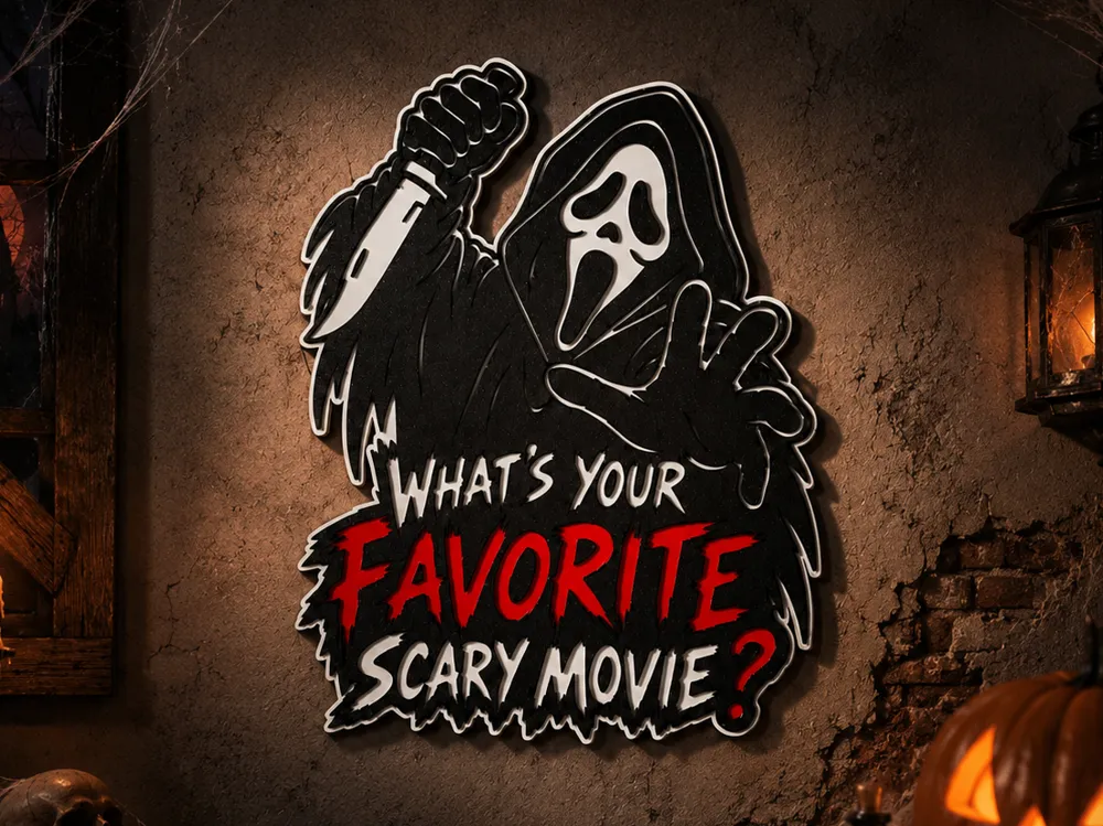 Adorno temático: What's Your Favorite Scary Movie? Ghostface Sign. Referencia del modelo original.