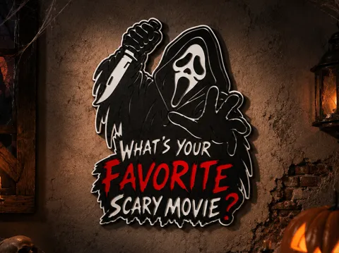 Adorno temático: What's Your Favorite Scary Movie? Ghostface Sign — referencia de MakerWorld