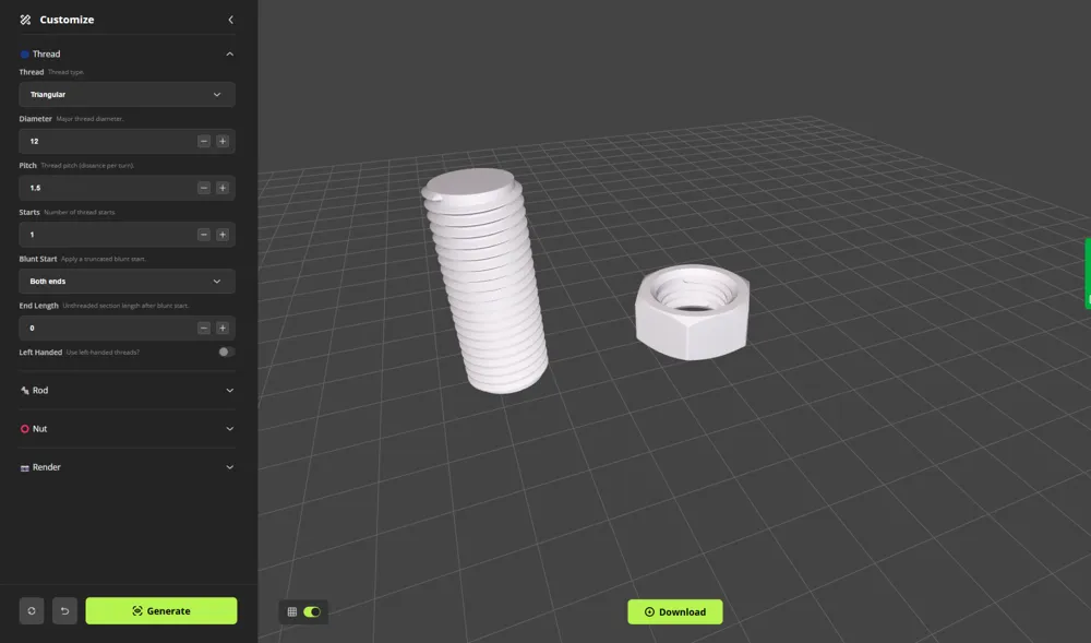 Thread Generator - Parametric Threaded Rods & Nuts - Free 3D Print ...