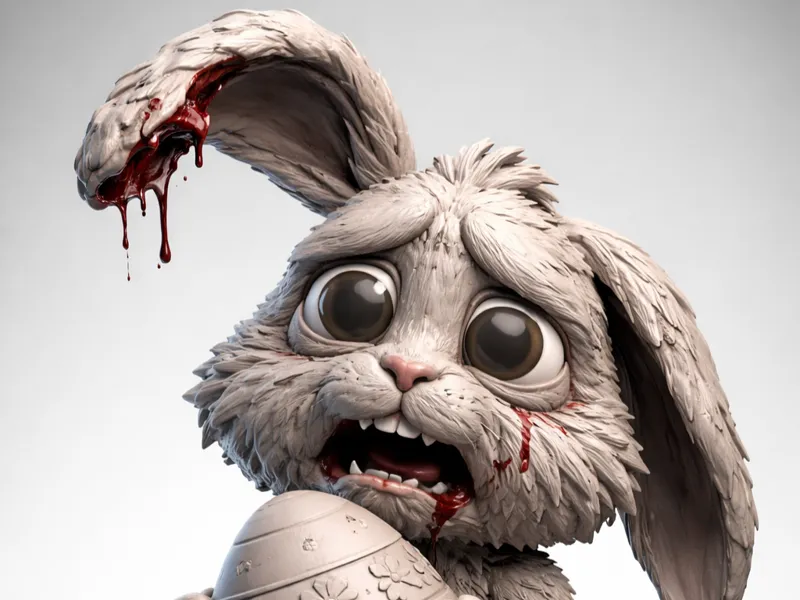 Scared bunny with egg and ear bitten off 